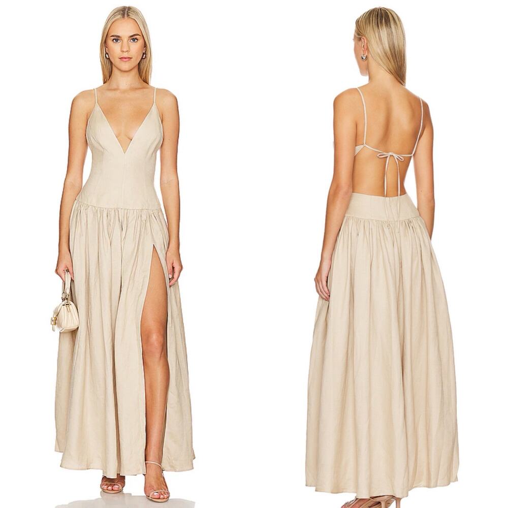 Tularosa Cream Maxi Dress with Plunging V-Neck and High Slit